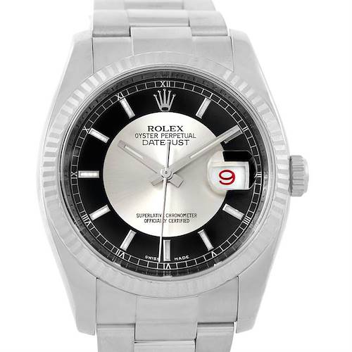 This image shows a frontal view of a Rolex Datejust 116234 Men's Stainless Steel Black Dial 116234 Men's Stainless Steel Black Dial watch displaying its dial, bezel, bracelet, and date feature.