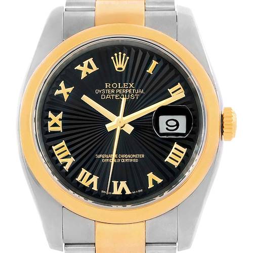 This Rolex Datejust 116203 Men's Stainless Steel Black Dial 116203 Men's Stainless Steel Black Dial watch is shown from a front angle, highlighting its black dial, gold Roman numerals, and date display.
