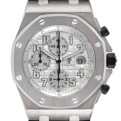 This is a front view of the Audemars Piguet Royal Oak Offshore 25721TI.OO.1000TI.05 Men's Titanium Silver Dial 25721TI.OO.1000TI.05 Men's Titanium Silver Dial watch, showing the face, bezel, and pushers.