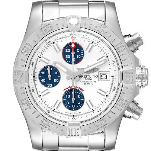 The image shows a frontal view of the Breitling Avenger A13381 Men's Stainless Steel White Dial A13381 Men's Stainless Steel White Dial watch, displaying its face, markers, subdials, and part of the bracelet.