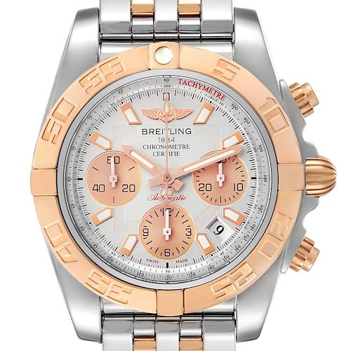The image shows a front view of a Breitling Chronomat CB014012/G713 Men's Steel and Gold (two tone) Silver Dial CB014012/G713 Men's Steel and Gold (two tone) Silver Dial watch, highlighting the dial, bezel, crown, and bracelet.