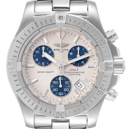 This image shows a front view of a Breitling Colt A73380 Men's Stainless Steel Silver Dial A73380 Men's Stainless Steel Silver Dial model watch, displaying its stainless steel case, bezel, dial, and chronograph sub-dials.