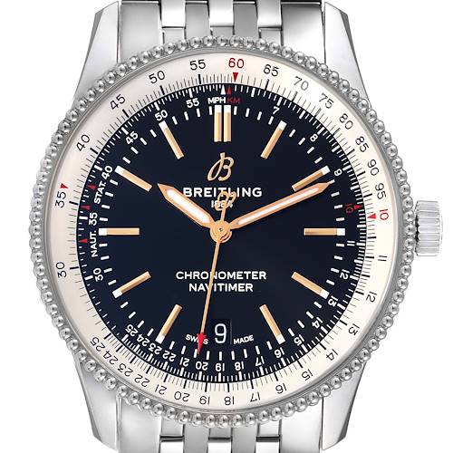 The Breitling Navitimer A17326 Men's Stainless Steel Black Dial A17326 Men's Stainless Steel Black Dial watch is shown from a front angle, displaying its bezel, dial, hands, indices, and part of the bracelet.