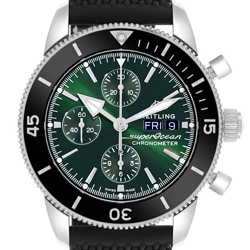 The image shows a front view of a Breitling Superocean A13313 Men's Stainless Steel Green Dial A13313 Men's Stainless Steel Green Dial watch, highlighting the bezel, dial, and chronograph features.