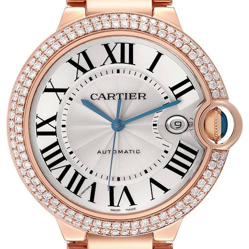 The Cartier Ballon Bleu WE9008Z3 Men's Rose Gold Silver Dial WE9008Z3 Men's Rose Gold Silver Dial watch is shown from the front, highlighting its face, Roman numerals, diamond bezel, and crown.