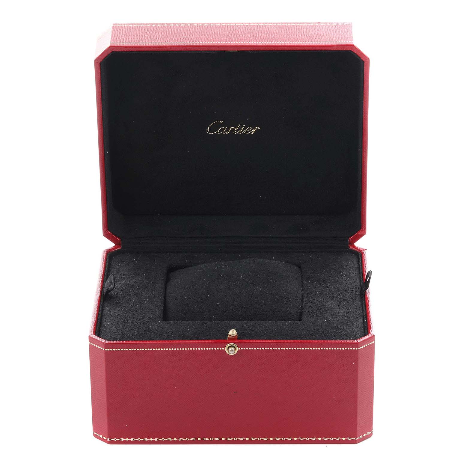 The image shows an open Cartier watch box for the Ballon Bleu model, highlighting the box's interior and exterior design.