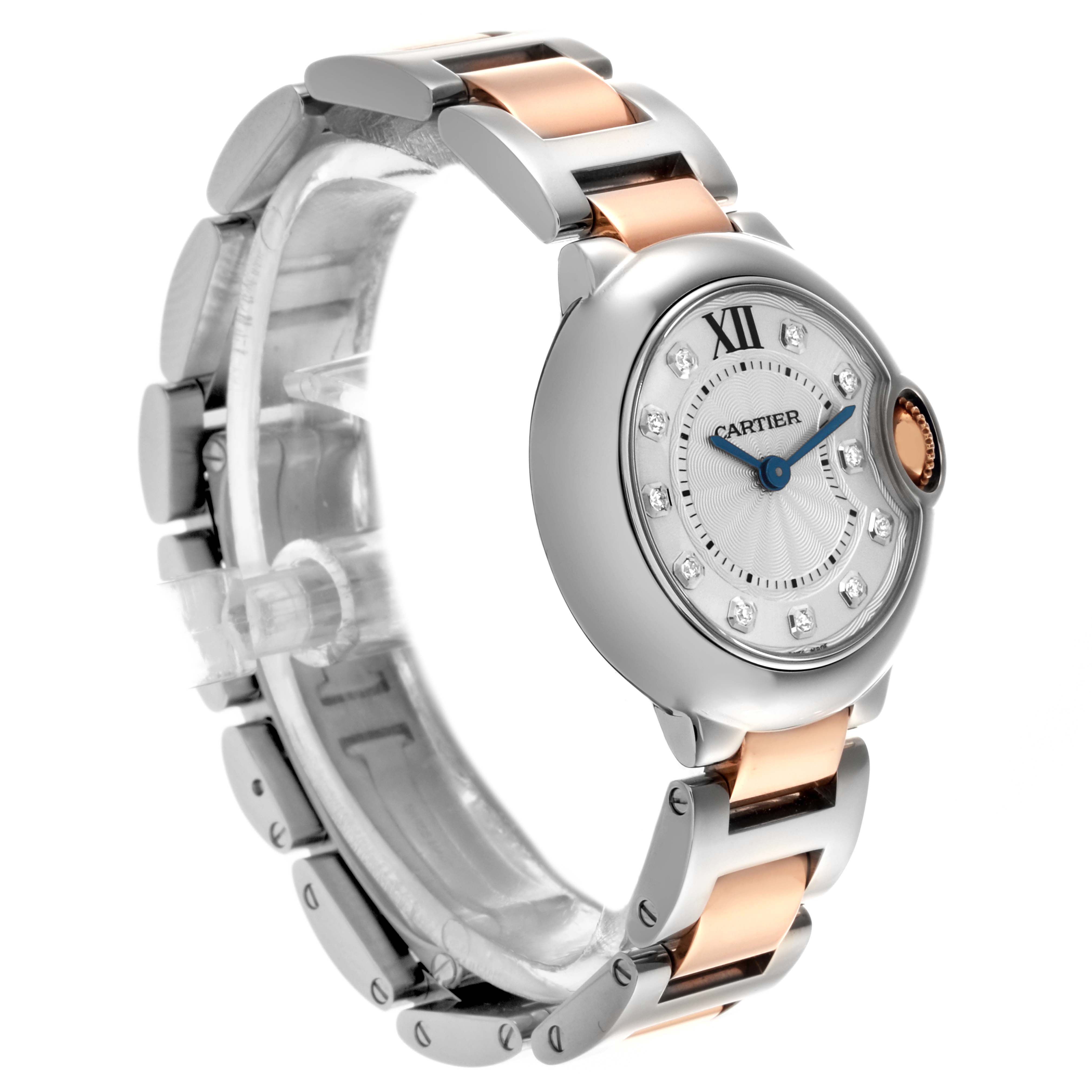 The Cartier Ballon Bleu WE902030 Women's Steel and Gold (two tone) Silver Dial WE902030 Women's Steel and Gold (two tone) Silver Dial watch is shown at an angle highlighting the face, crown, and metal strap.
