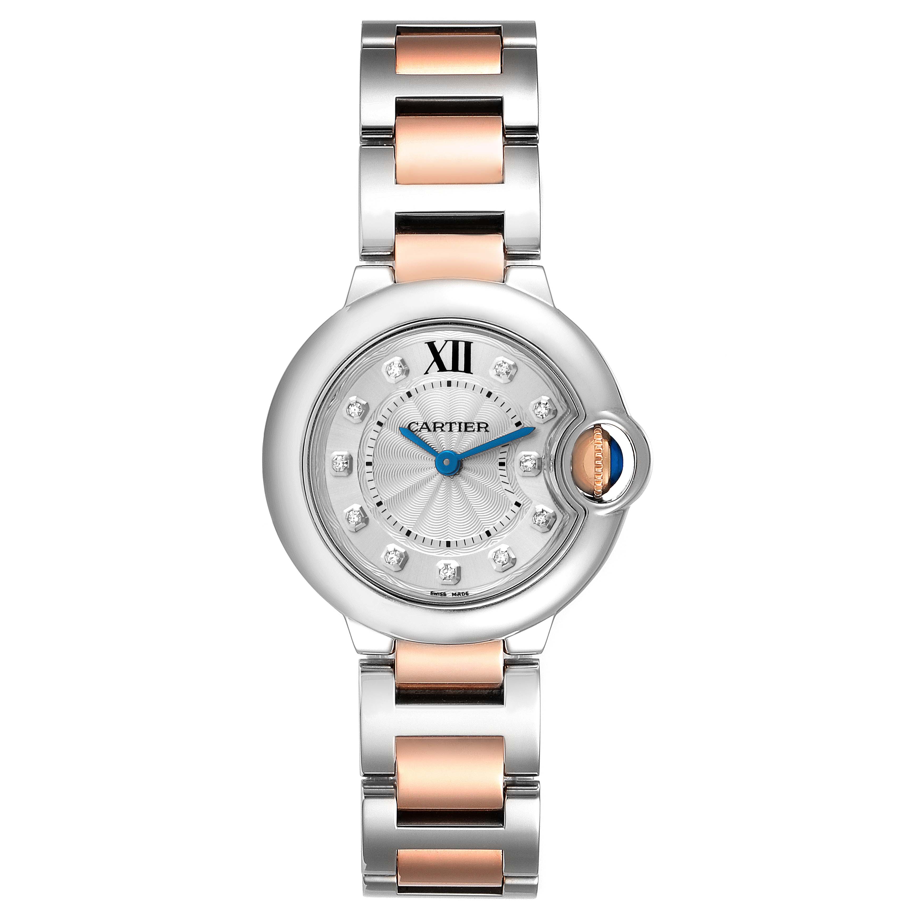 The Cartier Ballon Bleu WE902030 Women's Steel and Gold (two tone) Silver Dial WE902030 Women's Steel and Gold (two tone) Silver Dial watch is shown from a top view, highlighting its round case, dial with Roman numerals, and two-tone bracelet.