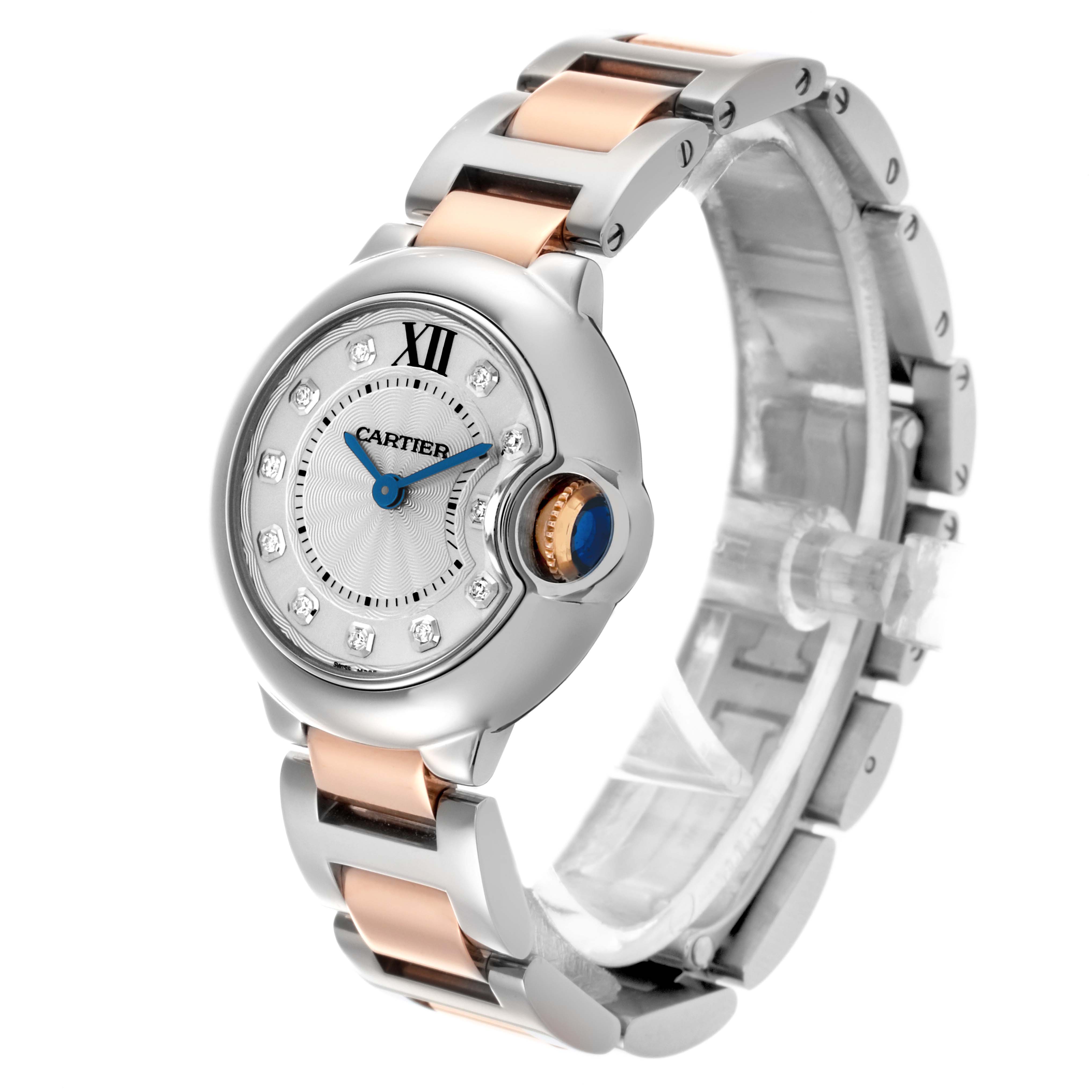 The Cartier Ballon Bleu WE902030 Women's Steel and Gold (two tone) Silver Dial WE902030 Women's Steel and Gold (two tone) Silver Dial watch is shown at a three-quarter angle, highlighting its face, case, bracelet, and crown detail.