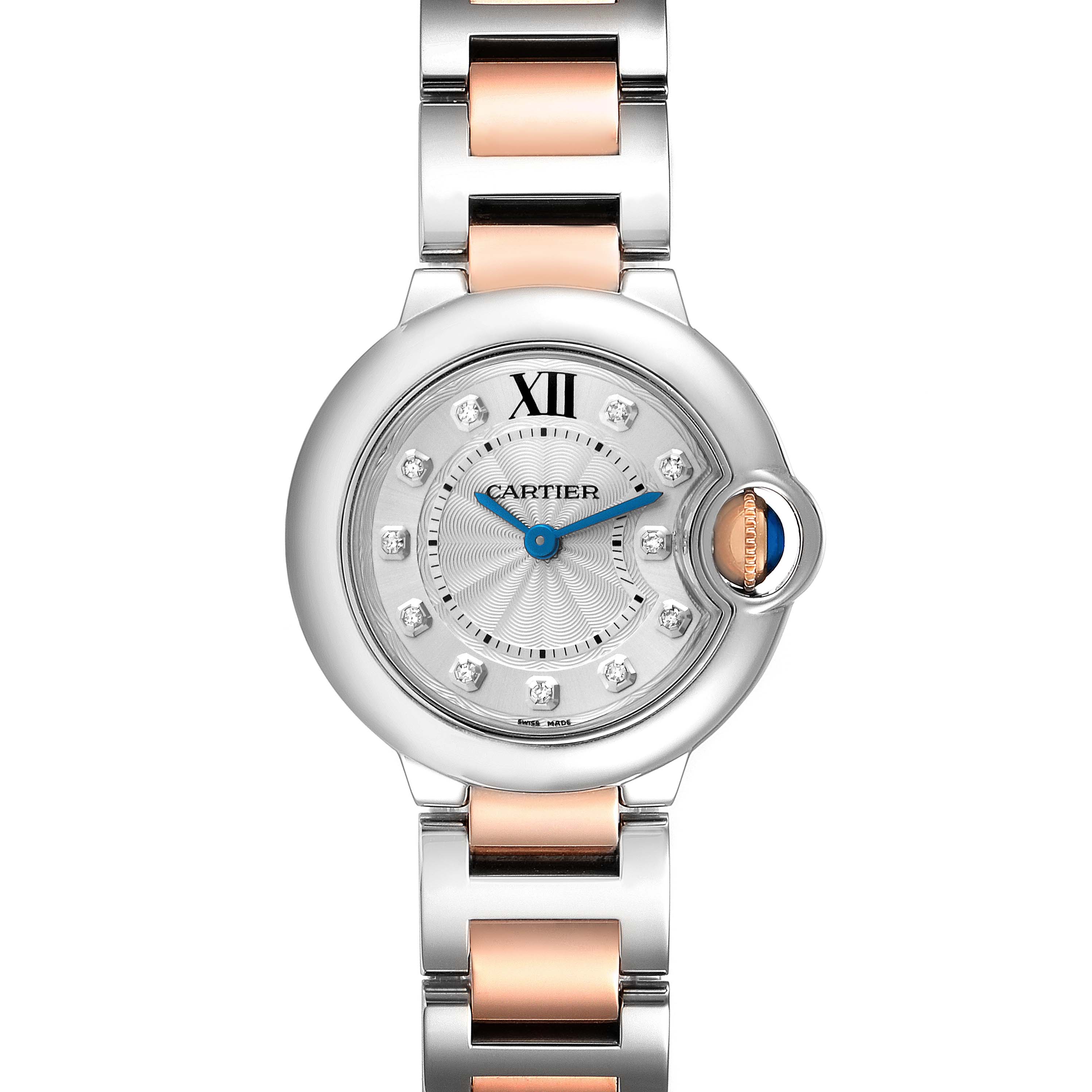 The Cartier Ballon Bleu WE902030 Women's Steel and Gold (two tone) Silver Dial WE902030 Women's Steel and Gold (two tone) Silver Dial watch is shown from the front, displaying the dial, hands, and part of the bracelet.