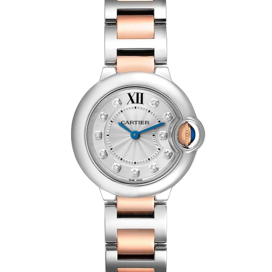 The Cartier Ballon Bleu WE902030 Women's Steel and Gold (two tone) Silver Dial WE902030 Women's Steel and Gold (two tone) Silver Dial watch is shown from the front, displaying the dial, hands, and part of the bracelet.