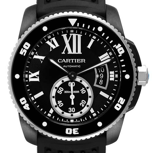 The image shows a front view of a Calibre de Cartier watch by Cartier, featuring its black dial, Roman numerals, and sub-dial.