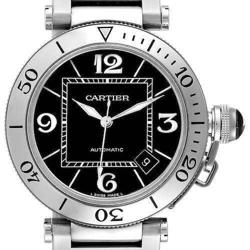 The image shows a front view of the Cartier Pasha W31077M7 Men's Stainless Steel Black Dial W31077M7 Men's Stainless Steel Black Dial watch, highlighting the dial, bezel, and crown.