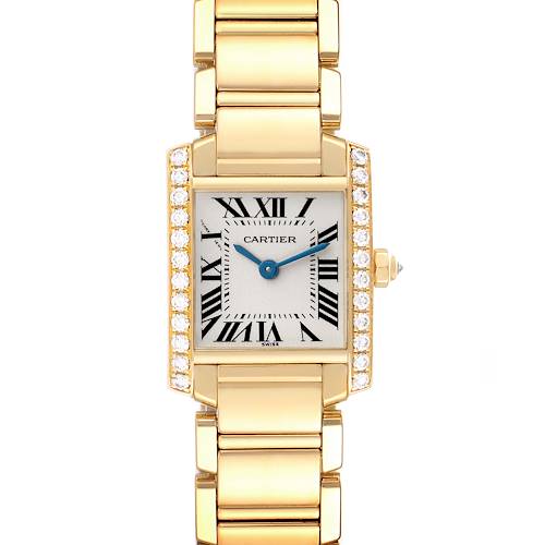 The Cartier Tank Francaise WE1001R8 Women's Yellow Gold Silver Dial WE1001R8 Women's Yellow Gold Silver Dial watch is shown from a front angle, displaying the face, bracelet, and jeweled bezel.