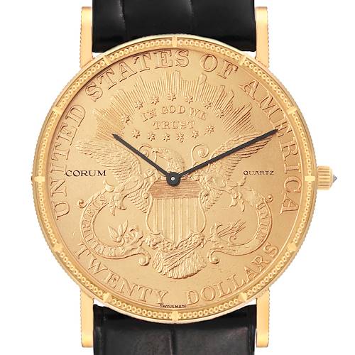 The image shows a Corum Coin Watch 1907 Men's Yellow Gold Champagne Dial 1907 Men's Yellow Gold Champagne Dial model from a front angle with its face and crown visible.