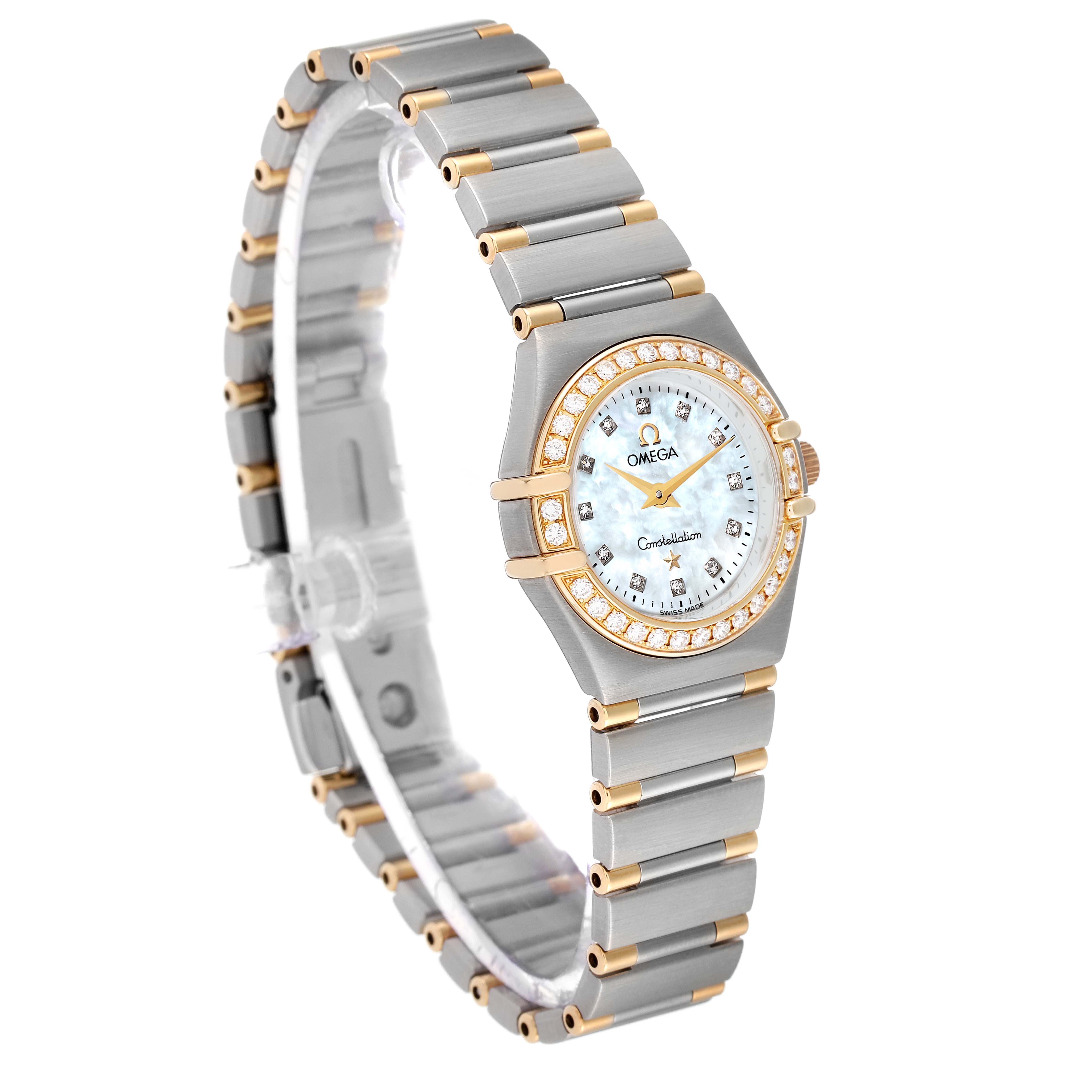 This image shows the Omega 1367.75.00 Women's Steel and Gold (two tone) Mother of Pearl Dial 1367.75.00 Women's Steel and Gold (two tone) Mother of Pearl Dial Constellation Steel Yellow Gold Diamond Ladies 1367.75.00 watch at a right side angle, highlighting the bracelet and face.