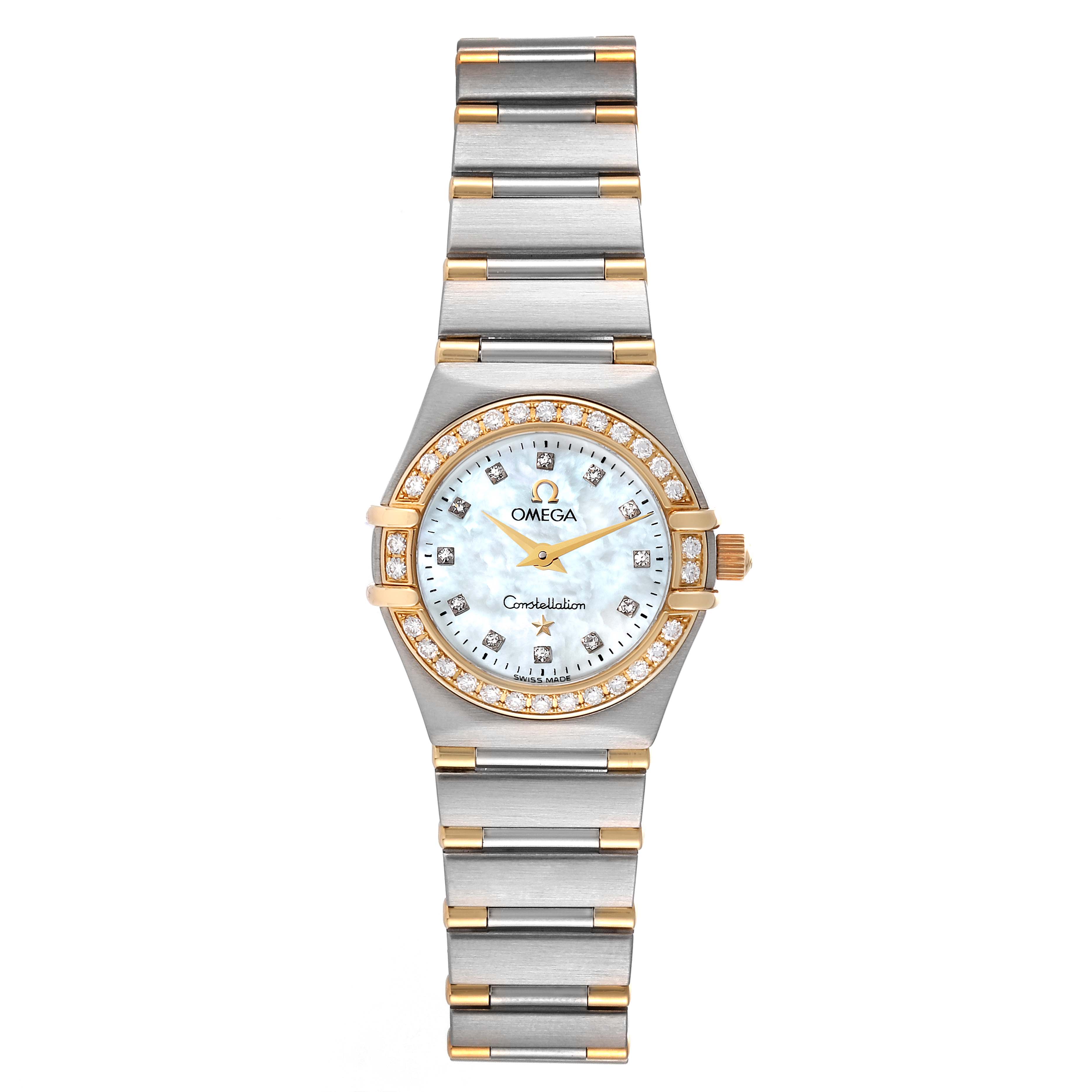 This image shows a front view of the Omega 1367.75.00 Women's Steel and Gold (two tone) Mother of Pearl Dial 1367.75.00 Women's Steel and Gold (two tone) Mother of Pearl Dial Constellation Steel Yellow Gold Diamond Ladies 1367.75.00 Box Card model watch.