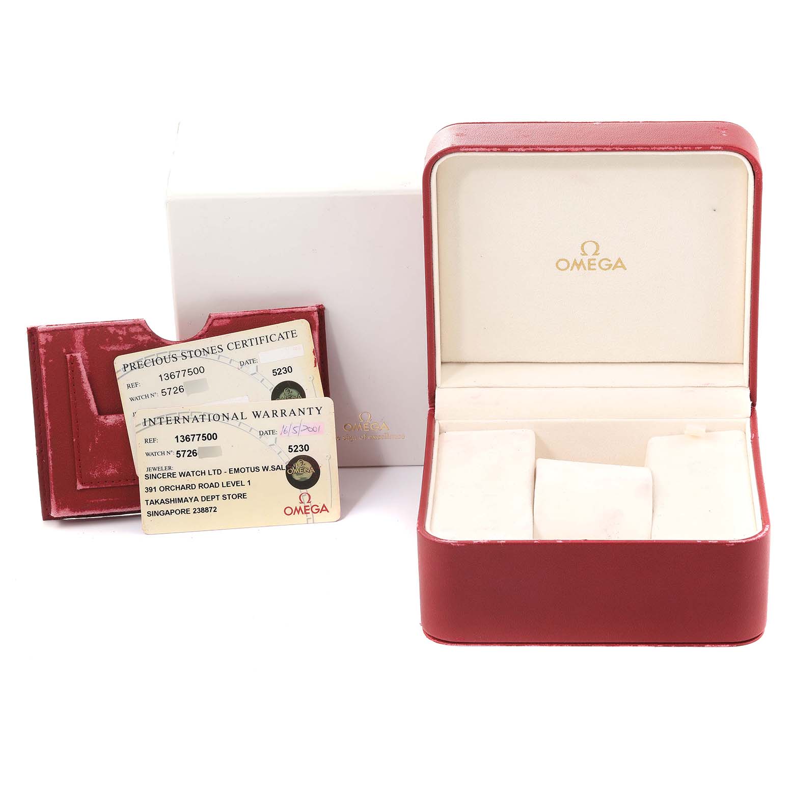 The image shows the box, international warranty card, and precious stones certificate for the Omega 1367.75.00 Women's Steel and Gold (two tone) Mother of Pearl Dial 1367.75.00 Women's Steel and Gold (two tone) Mother of Pearl Dial Constellation Steel Yellow Gold Diamond Ladies 1367.75.00.