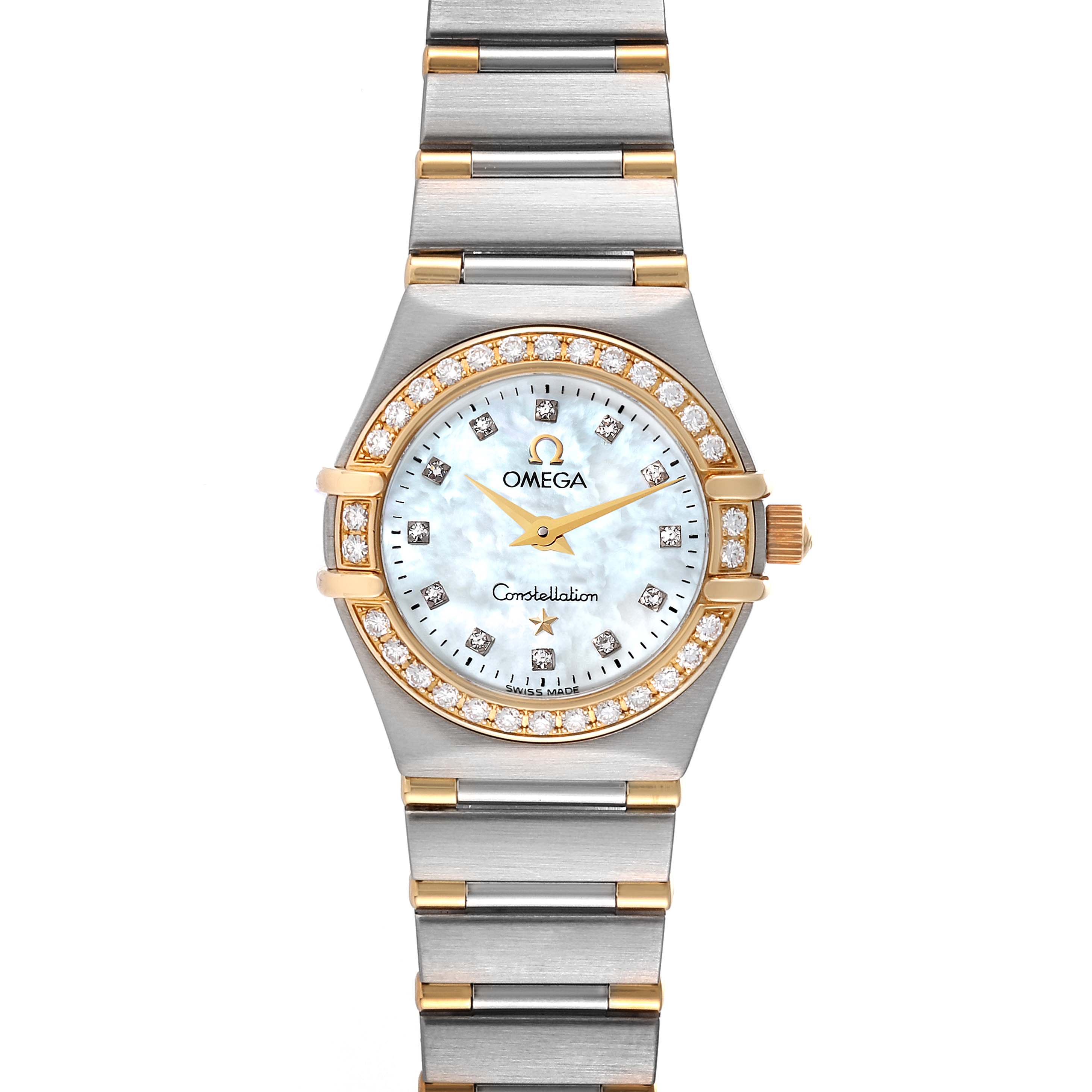 The image shows a frontal view of the Omega 1367.75.00 Women's Steel and Gold (two tone) Mother of Pearl Dial 1367.75.00 Women's Steel and Gold (two tone) Mother of Pearl Dial Constellation Steel Yellow Gold Diamond Ladies 1367.75.00 watch, highlighting its dial, bezel, and bracelet.
