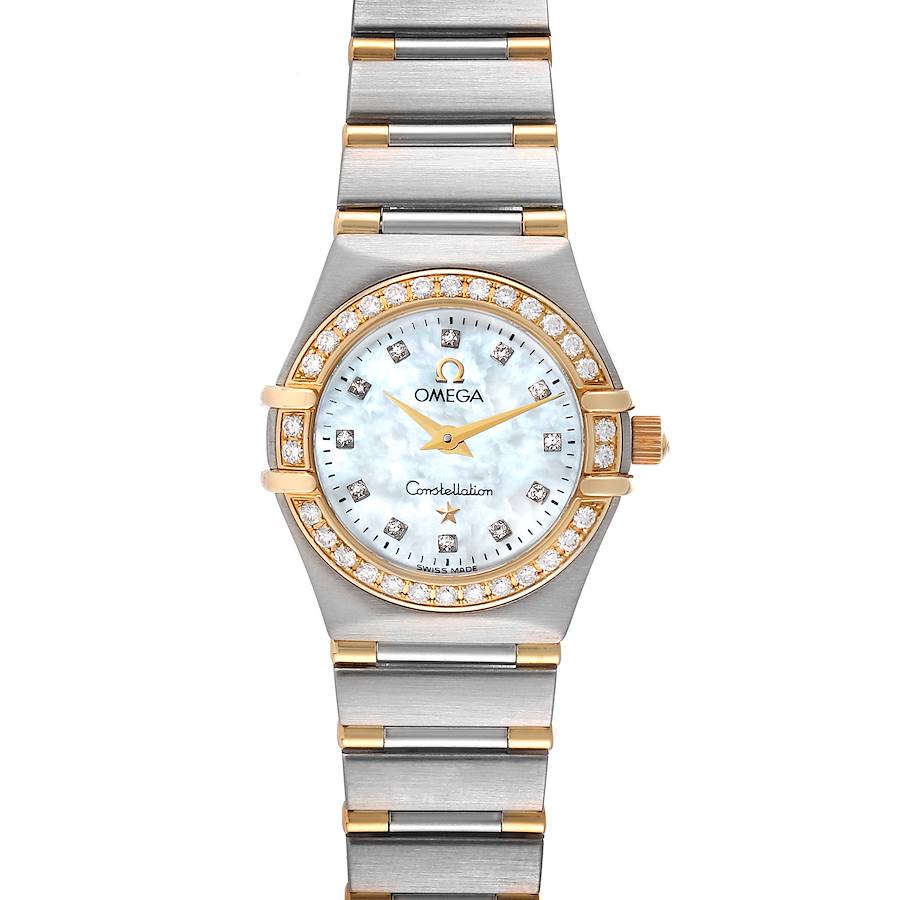The image shows a frontal view of the Omega 1367.75.00 Women's Steel and Gold (two tone) Mother of Pearl Dial 1367.75.00 Women's Steel and Gold (two tone) Mother of Pearl Dial Constellation Steel Yellow Gold Diamond Ladies 1367.75.00 watch, highlighting its dial, bezel, and bracelet.