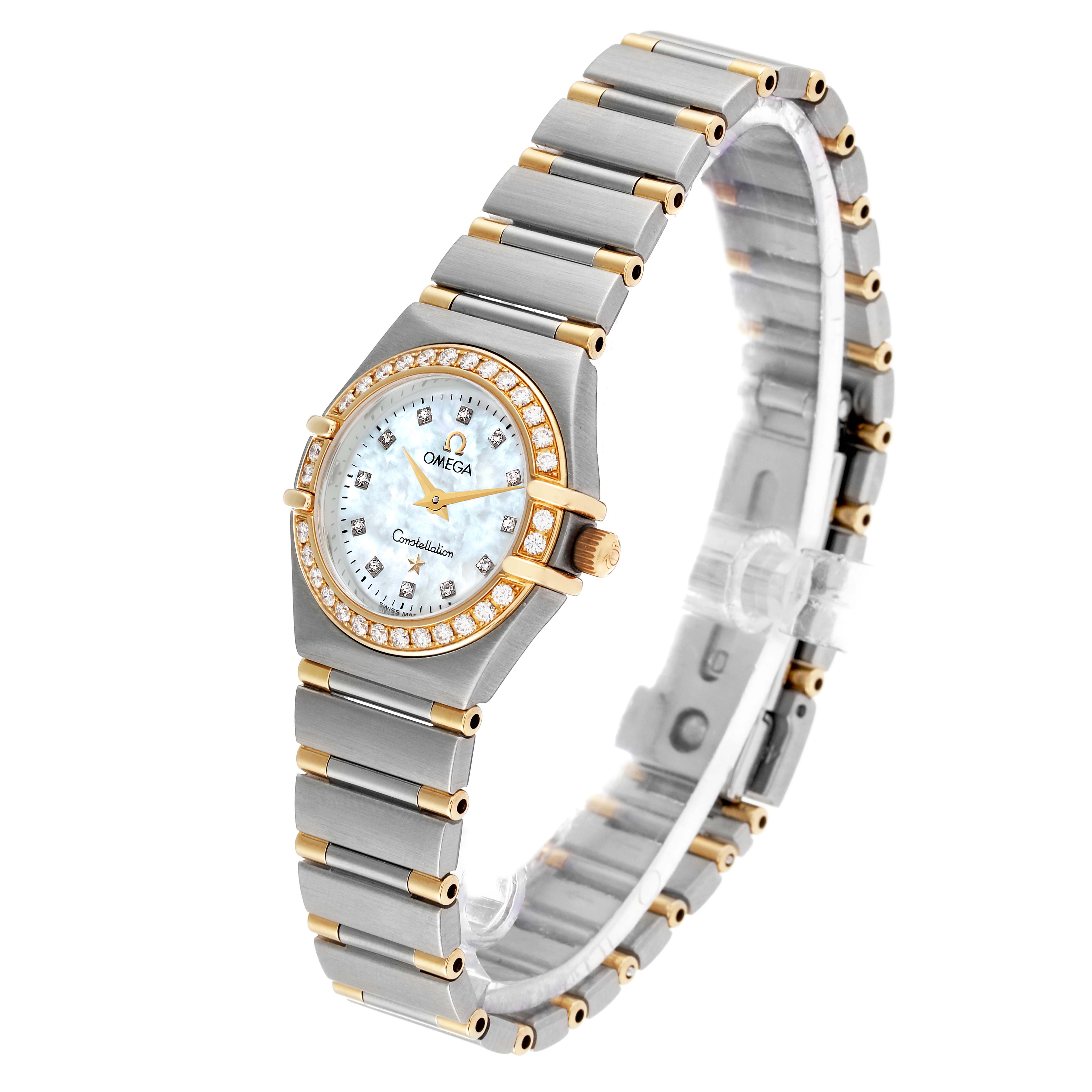The Omega 1367.75.00 Women's Steel and Gold (two tone) Mother of Pearl Dial 1367.75.00 Women's Steel and Gold (two tone) Mother of Pearl Dial Constellation Steel Yellow Gold Diamond Ladies 1367.75.00 watch is shown at a slight angle, displaying its face, band, and bezel.