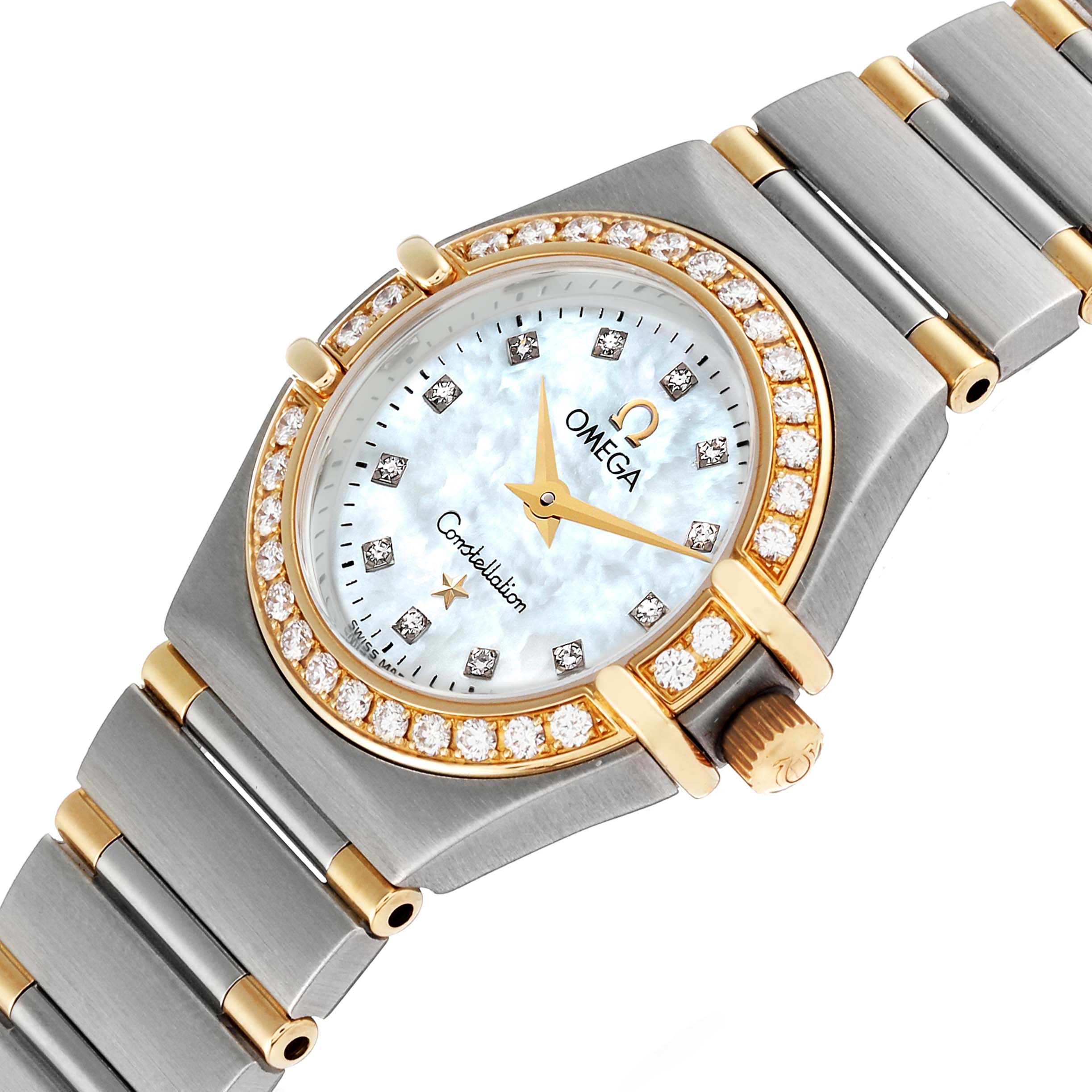 This image shows an angled view of the Omega 1367.75.00 Women's Steel and Gold (two tone) Mother of Pearl Dial 1367.75.00 Women's Steel and Gold (two tone) Mother of Pearl Dial Constellation Steel Yellow Gold Diamond Ladies 1367.75.00 watch, focusing on the dial and bracelet.