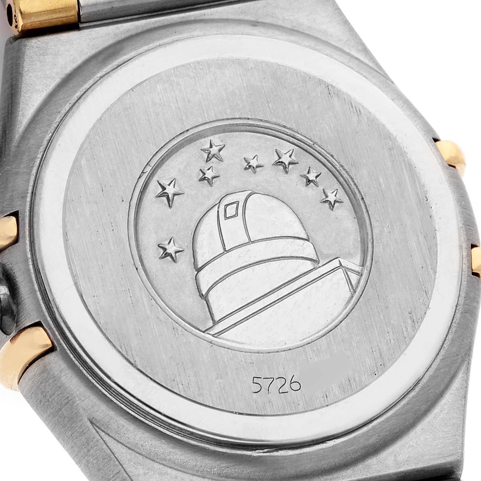 This image shows the engraved case back of the Omega 1367.75.00 Women's Steel and Gold (two tone) Mother of Pearl Dial 1367.75.00 Women's Steel and Gold (two tone) Mother of Pearl Dial Constellation Steel Yellow Gold Diamond Ladies 1367.75.00 Box Card model.