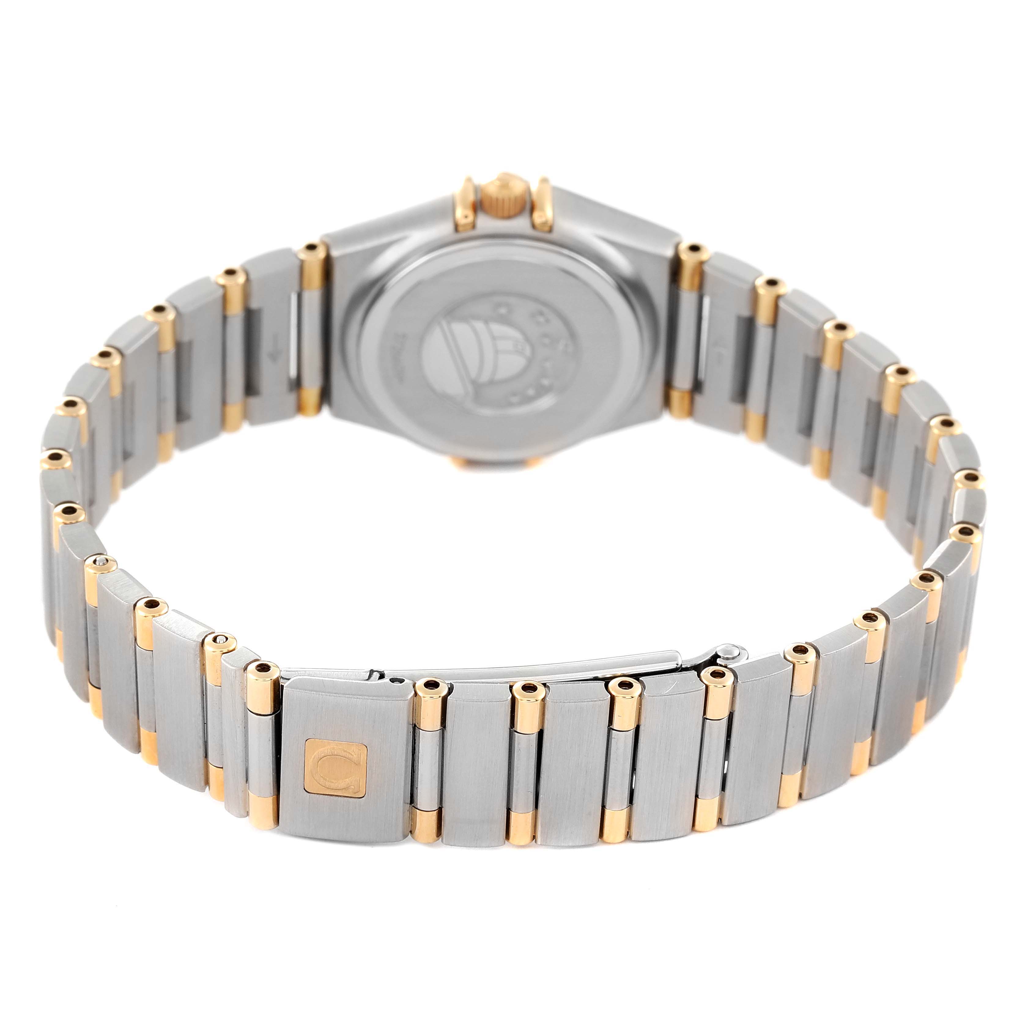 The image shows the back and band of the Omega 1367.75.00 Women's Steel and Gold (two tone) Mother of Pearl Dial 1367.75.00 Women's Steel and Gold (two tone) Mother of Pearl Dial Constellation Steel Yellow Gold Diamond Ladies 1367.75.00 watch.