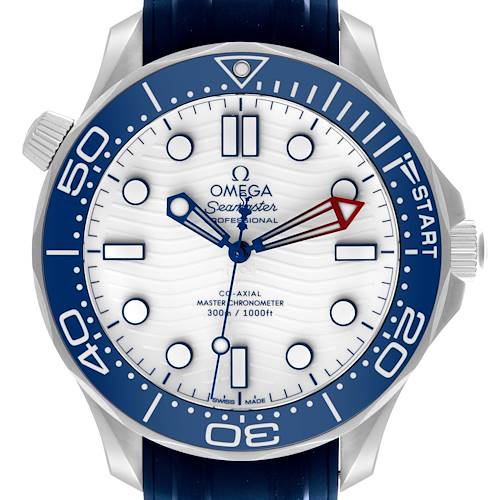 The Omega Seamaster 210.32.42.20.04.002 Men's Stainless Steel White Dial 210.32.42.20.04.002 Men's Stainless Steel White Dial watch is shown from a front angle, highlighting the dial, bezel, and crown.