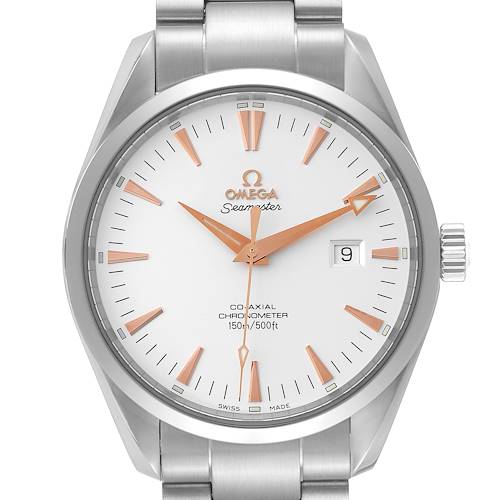 This image shows a frontal view of the Omega Aqua Terra 2502.34.00 Men's Stainless Steel Silver Dial 2502.34.00 Men's Stainless Steel Silver Dial Seamaster watch, highlighting the dial, hands, case, crown, and bracelet.