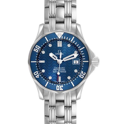 The Omega 2583.80.00 Women's Stainless Steel Blue Dial 2583.80.00 Women's Stainless Steel Blue Dial Seamaster Diver 300M 28mm Steel Ladies Watch 2583.80.00 is shown from the front, highlighting its blue dial, bezel, and bracelet.