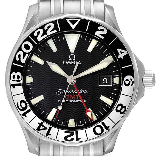 This image shows a front view of the Omega Seamaster 2534.50.00 Men's Stainless Steel Black Dial 2534.50.00 Men's Stainless Steel Black Dial GMT Chronometer, displaying its dial, bezel, and part of the strap and crown.
