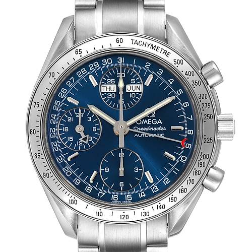 The Omega Speedmaster 3523.80.00 Men's Stainless Steel Blue Dial 3523.80.00 Men's Stainless Steel Blue Dial watch is shown from a front angle, displaying its blue dial, tachymeter bezel, and stainless steel bracelet.