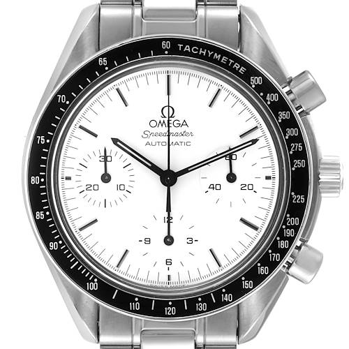 This is a front view of an Omega Speedmaster 3510.20.00 Men's Stainless Steel White Dial 3510.20.00 Men's Stainless Steel White Dial watch, showing the dial, tachymeter, and subdials.