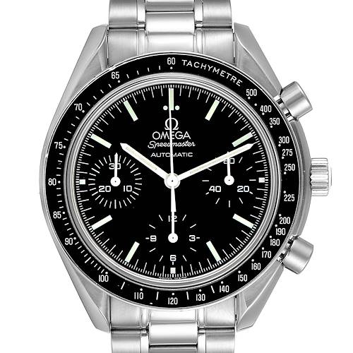 The image shows a front view of the Omega Speedmaster 3539.50.00 Men's Stainless Steel Black Dial 3539.50.00 Men's Stainless Steel Black Dial watch, highlighting its dial, tachymeter bezel, and stainless steel bracelet.