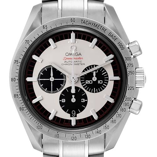 The image shows a front view of the Omega Speedmaster 3559.32.00 Men's Stainless Steel Silver Dial 3559.32.00 Men's Stainless Steel Silver Dial watch, featuring its dial, bezel, sub-dials, and part of the metal bracelet.