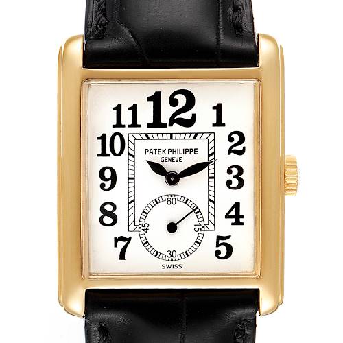 This image shows a frontal view of a Patek Philippe Gondolo 5014J Men's Yellow Gold White Dial 5014J Men's Yellow Gold White Dial watch, highlighting its dial, numerals, and leather strap.