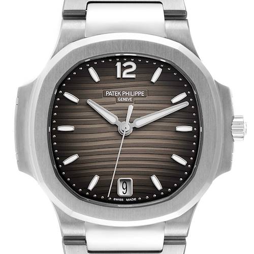 The image shows a front view of the Patek Philippe Nautilus 7118/1A -011 Men's Stainless Steel Grey Dial 7118/1A -011 Men's Stainless Steel Grey Dial watch, featuring the dial, hands, case, and part of the bracelet.