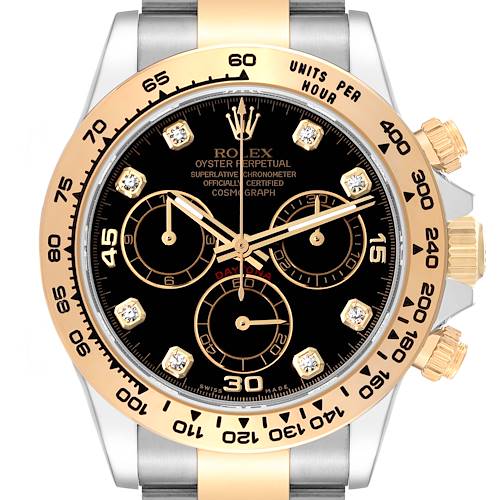 This image shows the dial and bezel of a Rolex Daytona 116503 Men's Steel and Gold (two tone) Black Dial 116503 Men's Steel and Gold (two tone) Black Dial watch from a front-facing angle.