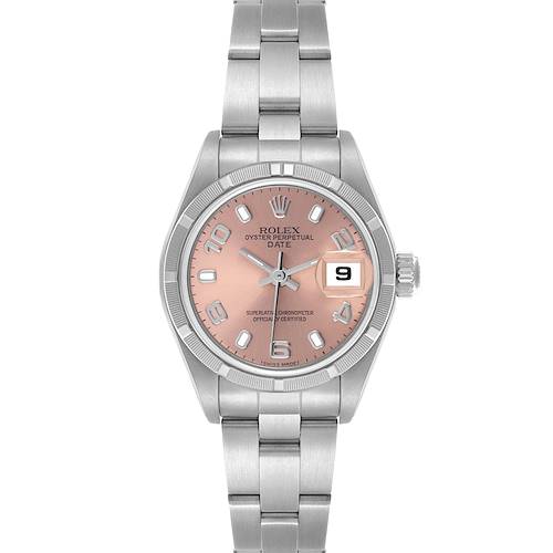 The Rolex Date 79190 Women's Stainless Steel Pink Dial 79190 Women's Stainless Steel Pink Dial watch is shown from the front, highlighting the dial, case, bracelet, and date window.