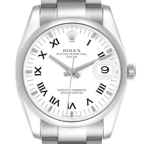 The Rolex Date 115200 Men's Stainless Steel White Dial 115200 Men's Stainless Steel White Dial watch is shown from a front angle, displaying the dial, bezel, crown, and part of the bracelet.