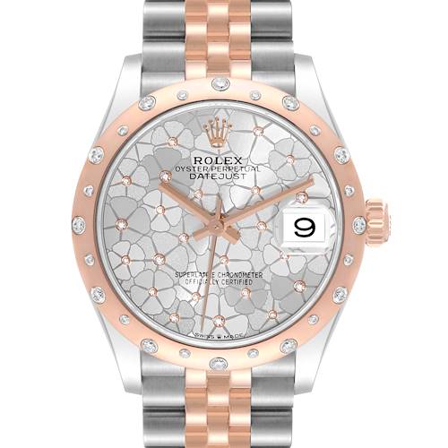 This Rolex Mid-Size 278341RBR Women's Steel and Gold (two tone) Silver Dial 278341RBR Women's Steel and Gold (two tone) Silver Dial Datejust watch is shown from the front, highlighting its floral dial, two-tone band, and date window.