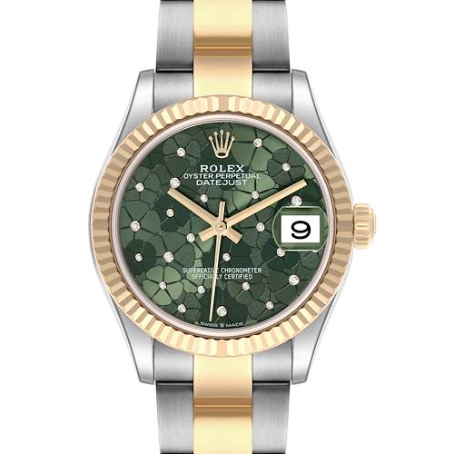 The Rolex Mid-Size 278273 Women's Steel and Gold (two tone) Green Dial 278273 Women's Steel and Gold (two tone) Green Dial watch is shown front-on, highlighting its green dial, fluted bezel, and two-tone bracelet.