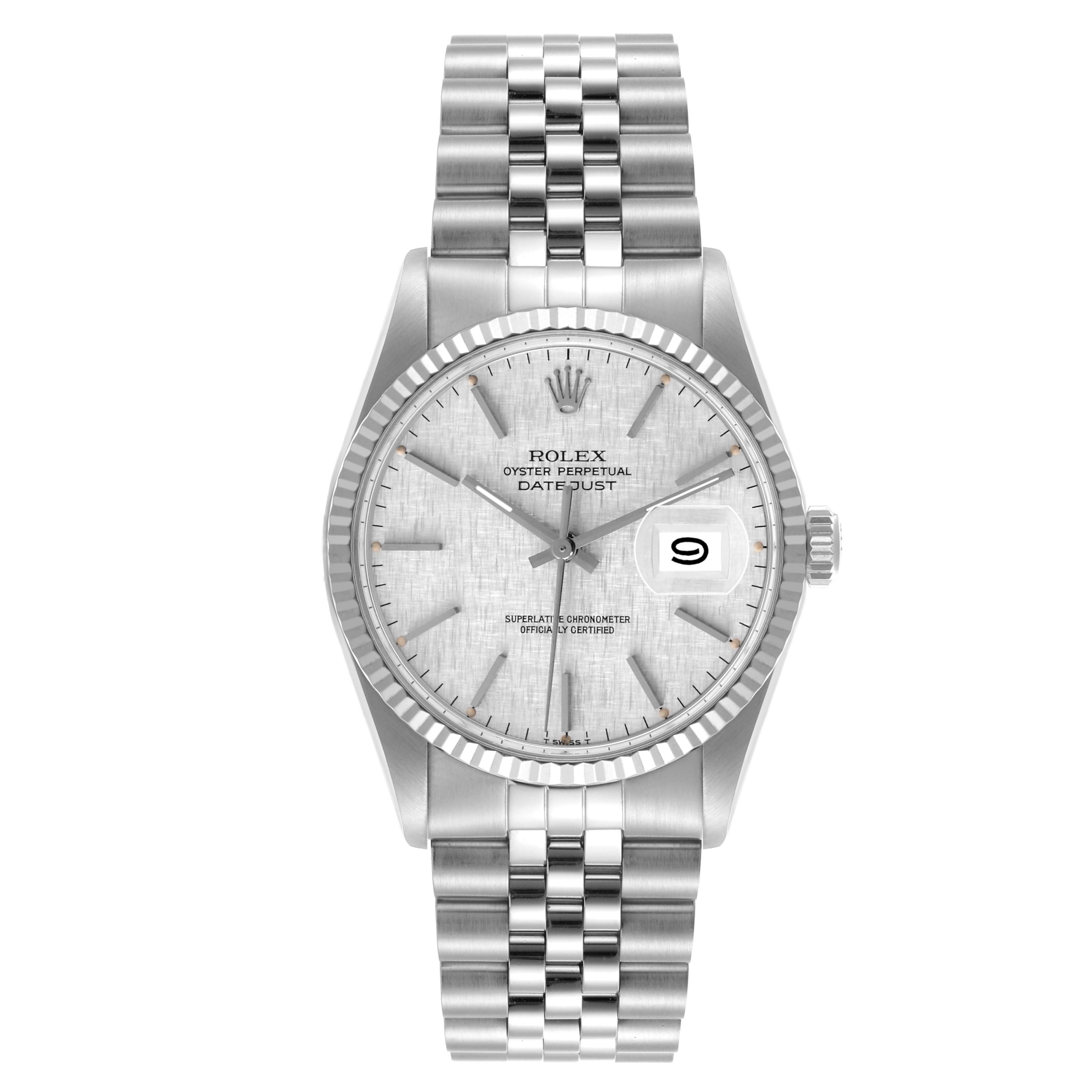 The Rolex Datejust 16014 Men's Stainless Steel Silver Dial 16014 Men's Stainless Steel Silver Dial watch is shown from a front angle, displaying the dial, bracelet, and date feature clearly.