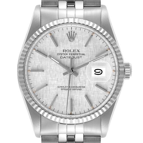 The Rolex Datejust 16014 Men's Stainless Steel Silver Dial 16014 Men's Stainless Steel Silver Dial watch is shown from a front angle, highlighting the dial, bezel, crown, and part of the bracelet.
