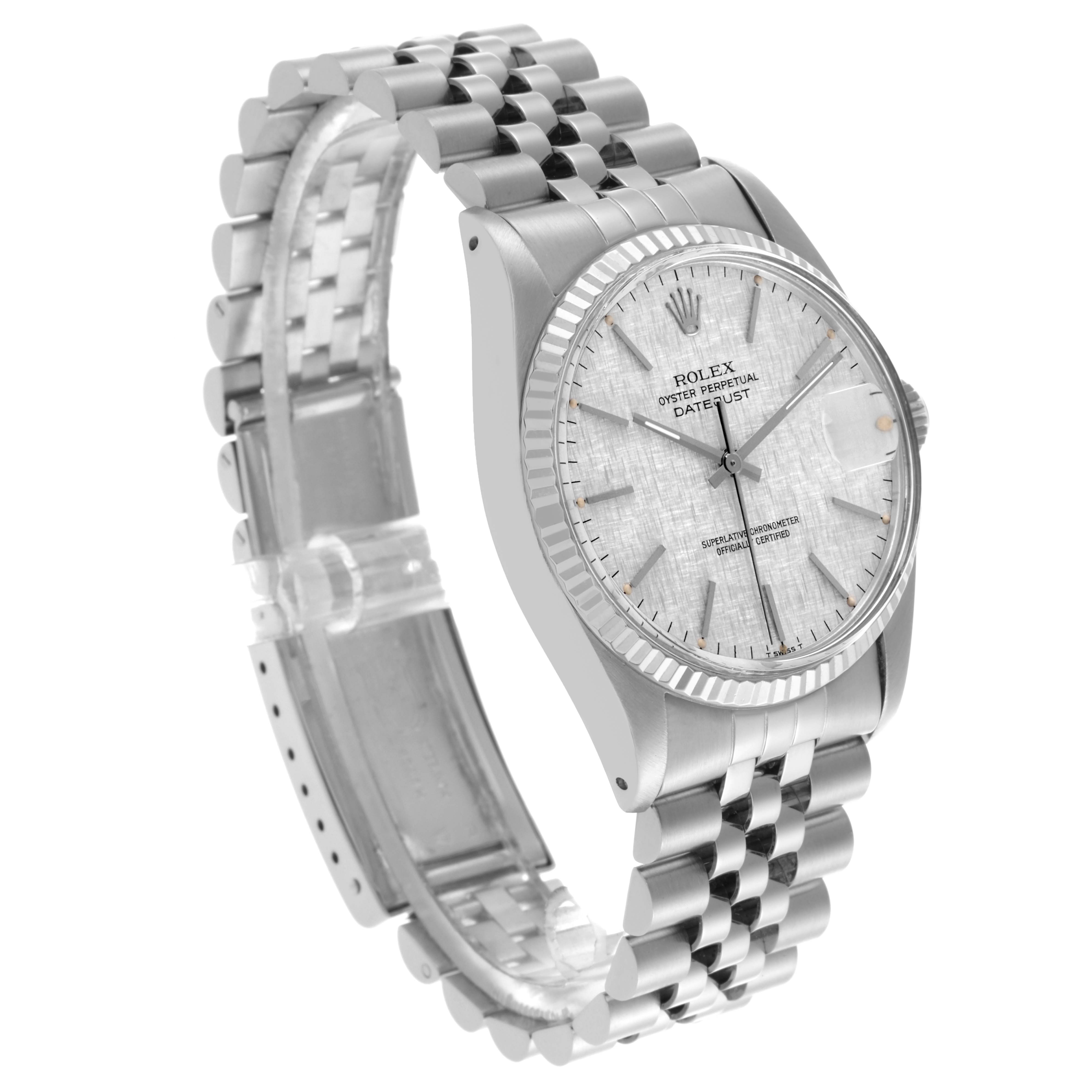 The Rolex Datejust 16014 Men's Stainless Steel Silver Dial 16014 Men's Stainless Steel Silver Dial watch is shown at a three-quarter angle, highlighting the dial, bezel, and Jubilee bracelet.