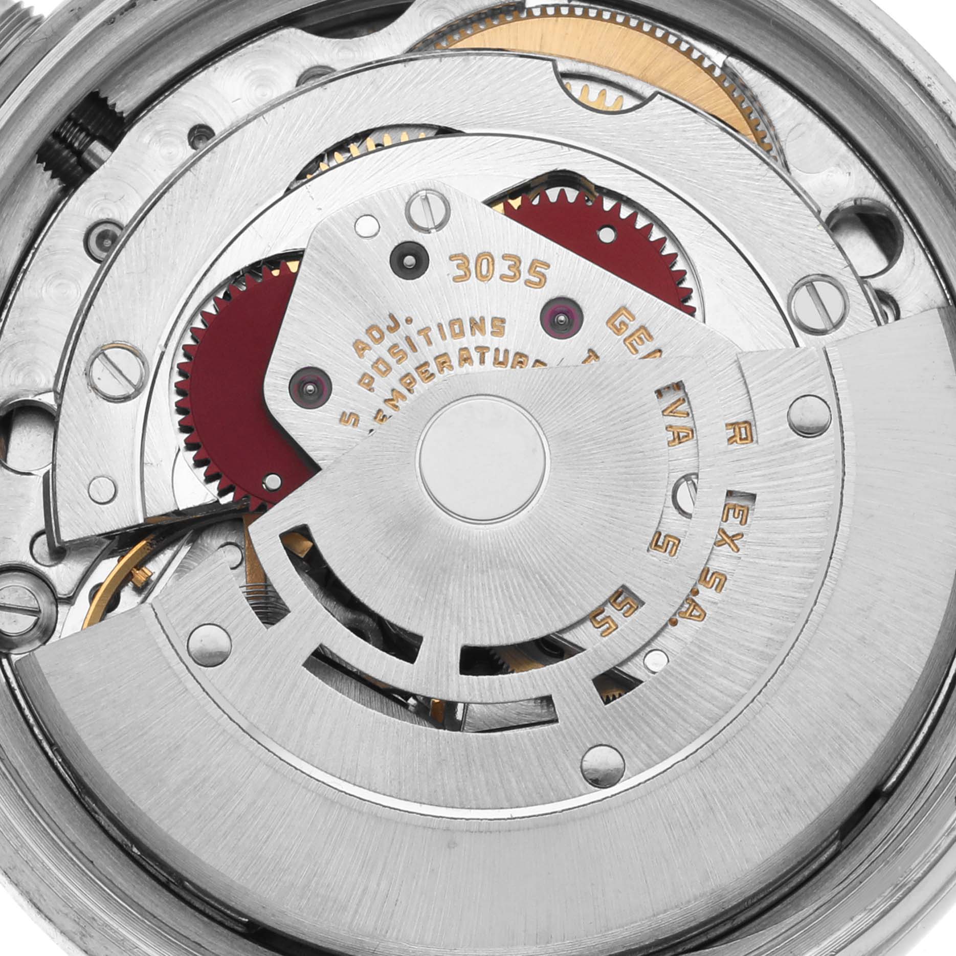 The image shows the movement mechanism of a Rolex Datejust 16014 Men's Stainless Steel Silver Dial 16014 Men's Stainless Steel Silver Dial, highlighting gears and the rotor at a close-up angle.