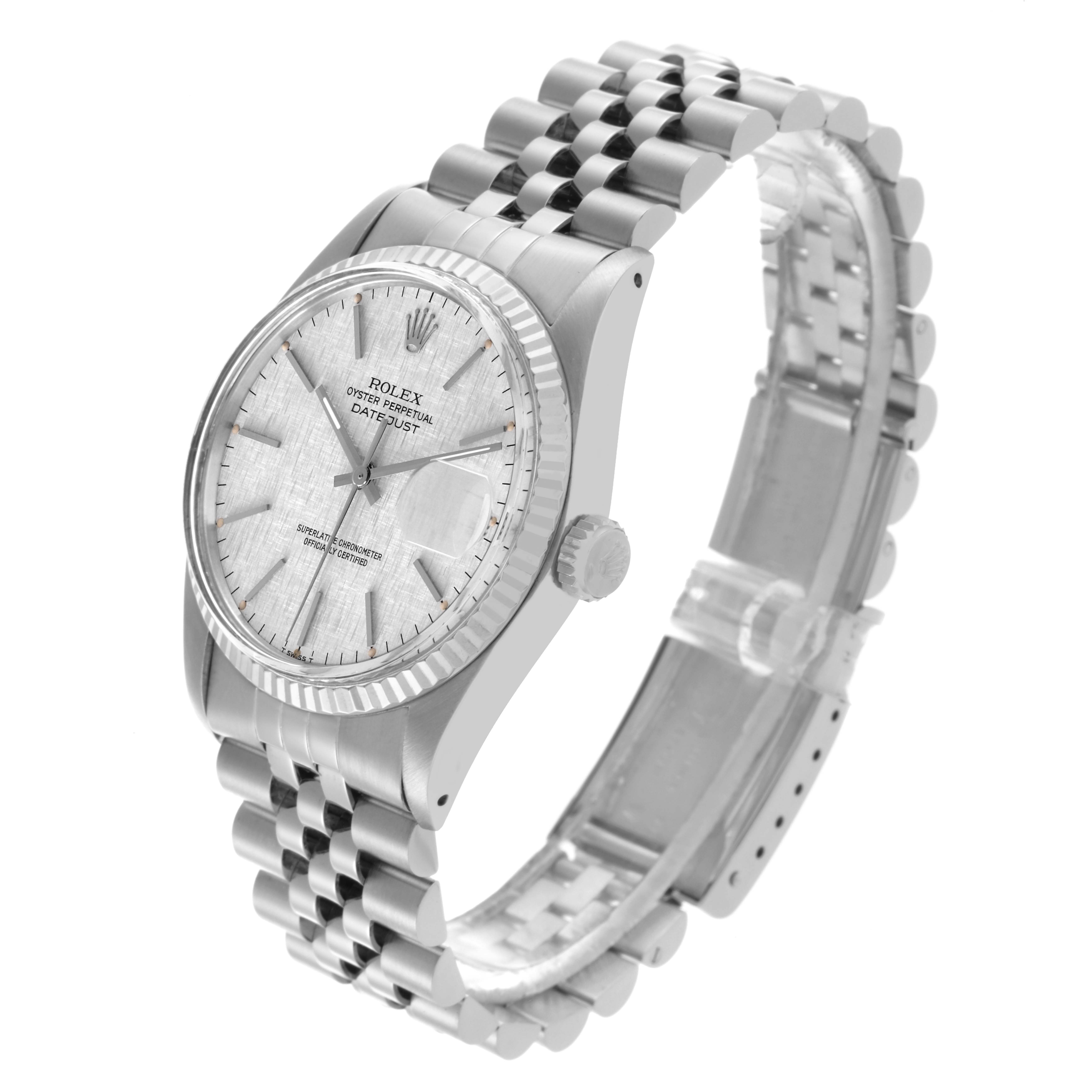 The Rolex Datejust 16014 Men's Stainless Steel Silver Dial 16014 Men's Stainless Steel Silver Dial watch is shown at a three-quarter angle, displaying the dial, fluted bezel, and Jubilee bracelet.