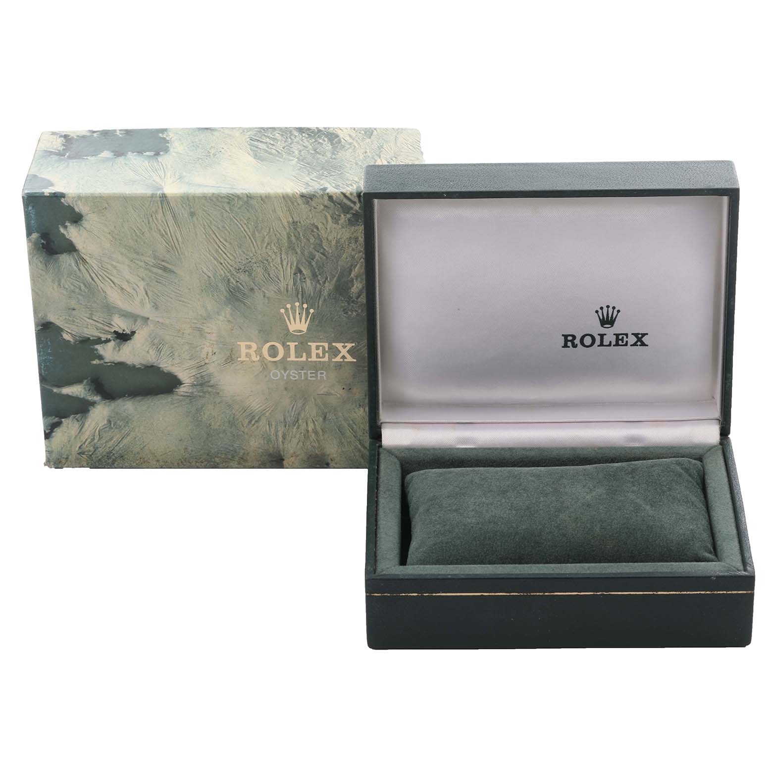 The image shows an open Rolex Datejust 16014 Men's Stainless Steel Silver Dial 16014 Men's Stainless Steel Silver Dial box with a cushion, next to a closed Rolex Oyster outer box.