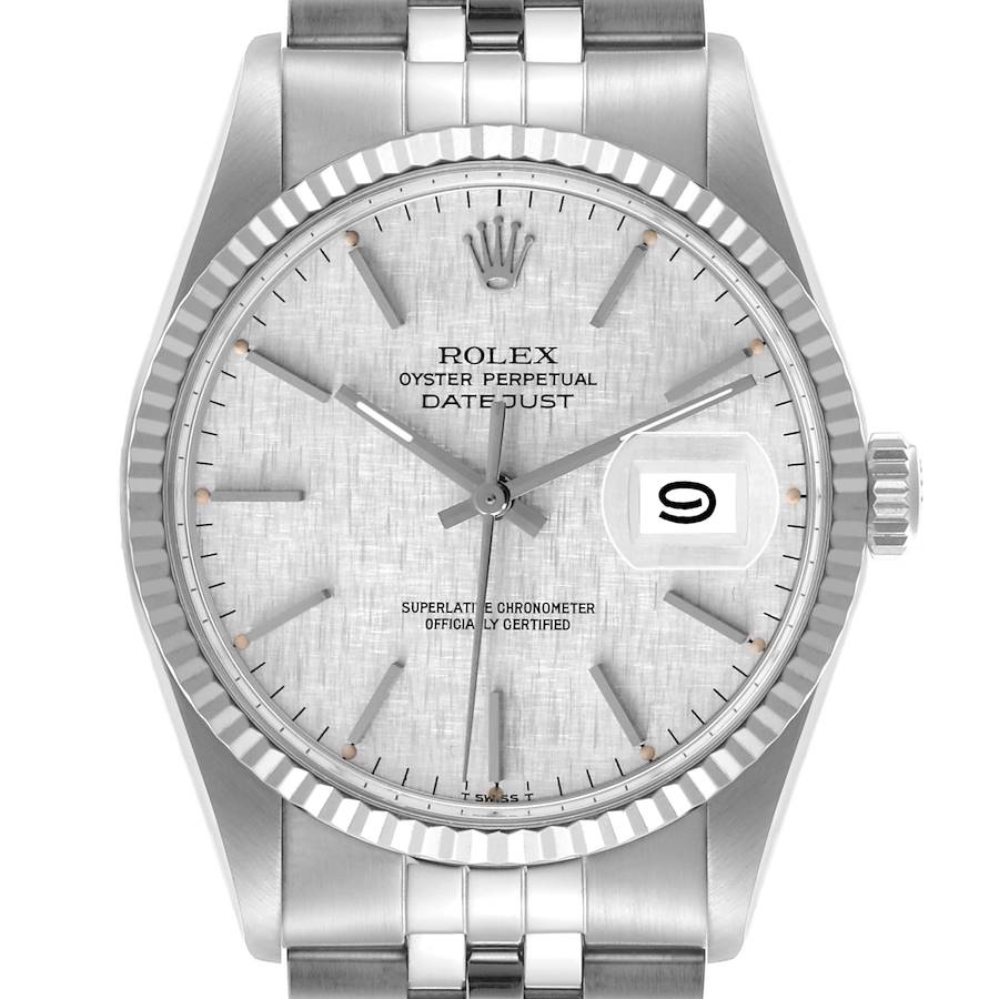 The image shows a front view of a Rolex Datejust 16014 Men's Stainless Steel Silver Dial 16014 Men's Stainless Steel Silver Dial, highlighting the dial, hands, date window, and fluted bezel.